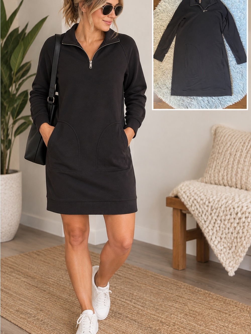 Zip-Neck Black Sweatshirt Dress - Women